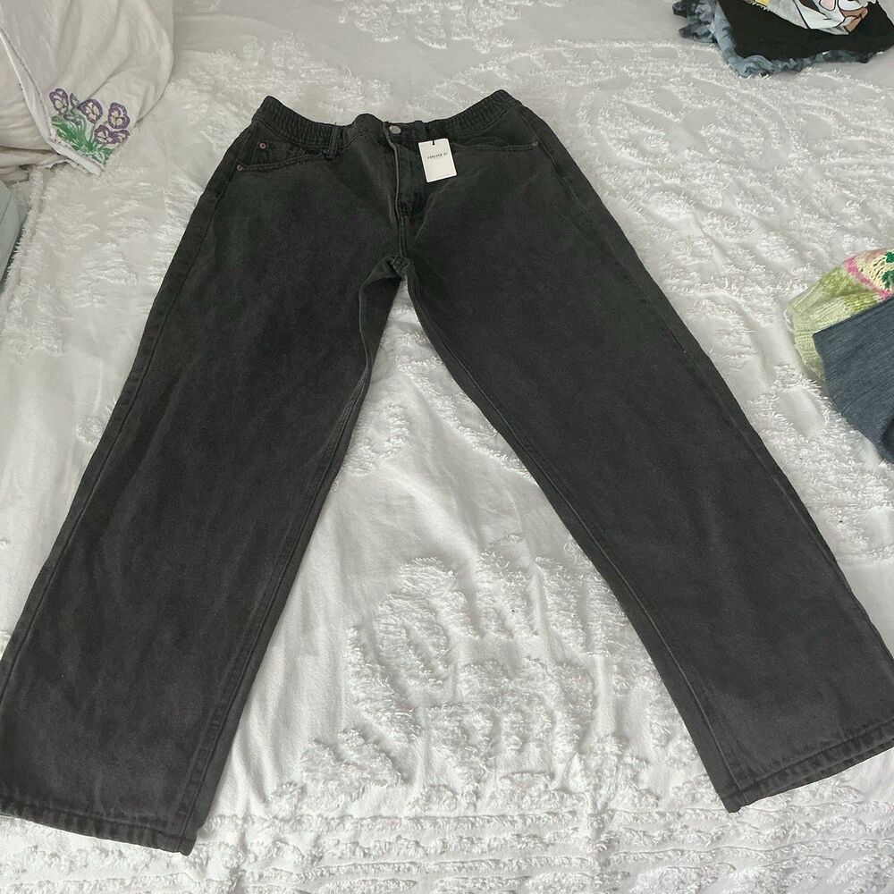 Forever 21 Womens Black Jeans Size Large High Rise Straight Leg Denim